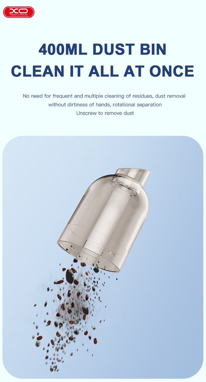 Aspirator pentru masina, XO car CZ007 wireless, 3000 mAh, 38000rpm, 3200 pa, cos colector 400 ml, sita de filtrare lavabila, 180 x 105 x 60 mm, Alb