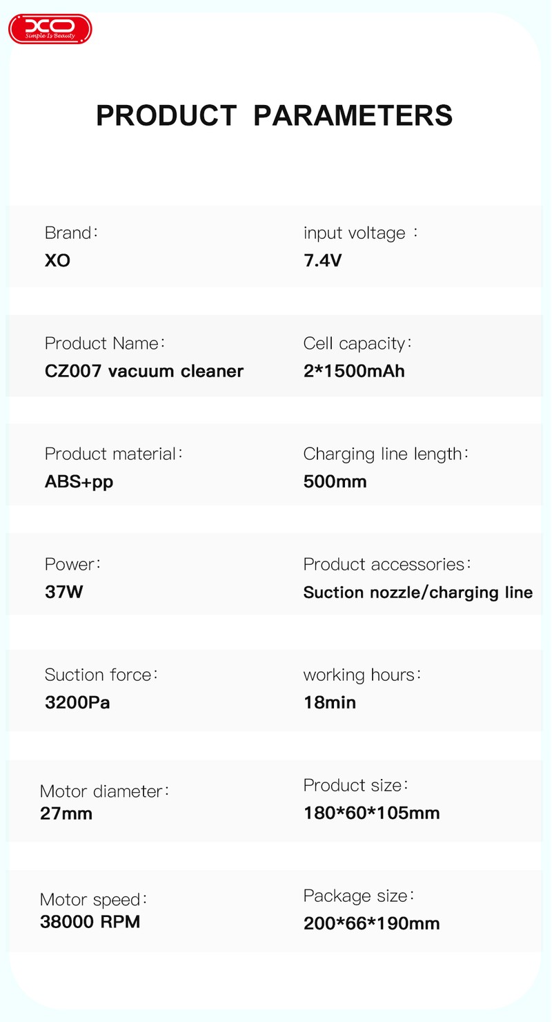 Aspirator pentru masina, XO car CZ007 wireless, 3000 mAh, 38000rpm, 3200 pa, cos colector 400 ml, sita de filtrare lavabila, 180 x 105 x 60 mm, Alb