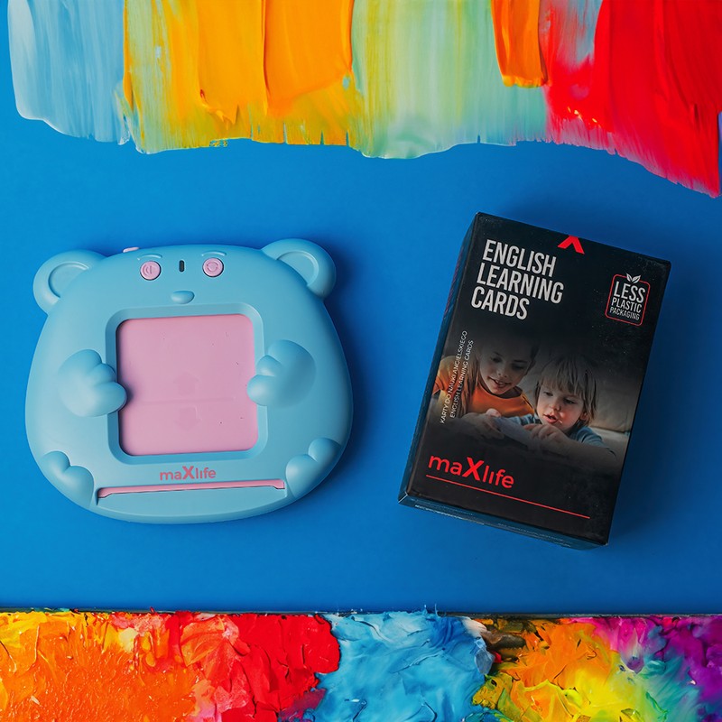 Jucarie educativa copii, Maxlife english MXLD-100, pentru invatarea limbii engleze, redare audio cuvinte, 112 carduri in 12 categorii, 100 mAh, Roz