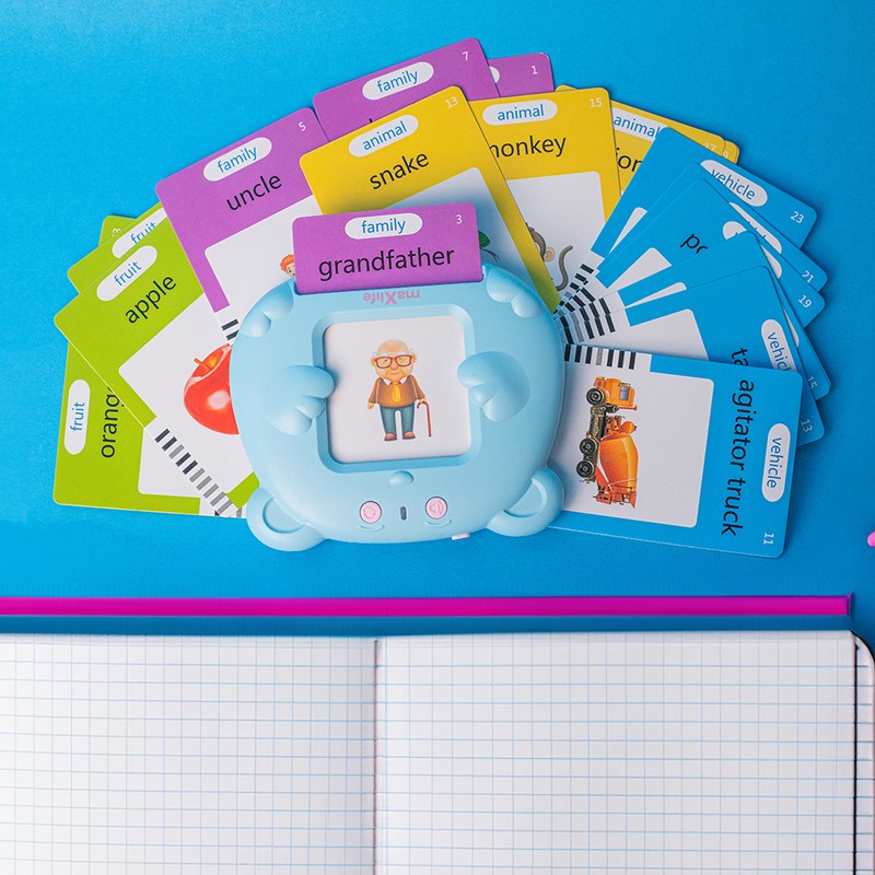 Jucarie educativa copii, Maxlife english MXLD-100, pentru invatarea limbii engleze, redare audio cuvinte, 112 carduri in 12 categorii, 100 mAh, Albastru