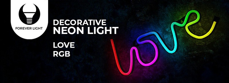 Neon LED RGB Forever Light, Love, dimensiuni 355 x 20 x 130mm, cu telecomanda, cablu USB cu lungime 2m