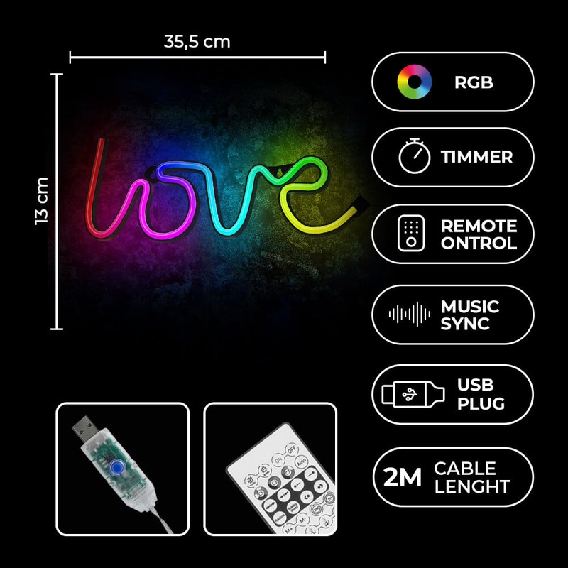 Neon LED RGB Forever Light, Love, dimensiuni 355 x 20 x 130mm, cu telecomanda, cablu USB cu lungime 2m