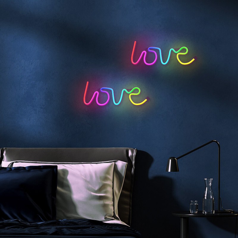 Neon LED RGB Forever Light, Love, dimensiuni 355 x 20 x 130mm, cu telecomanda, cablu USB cu lungime 2m