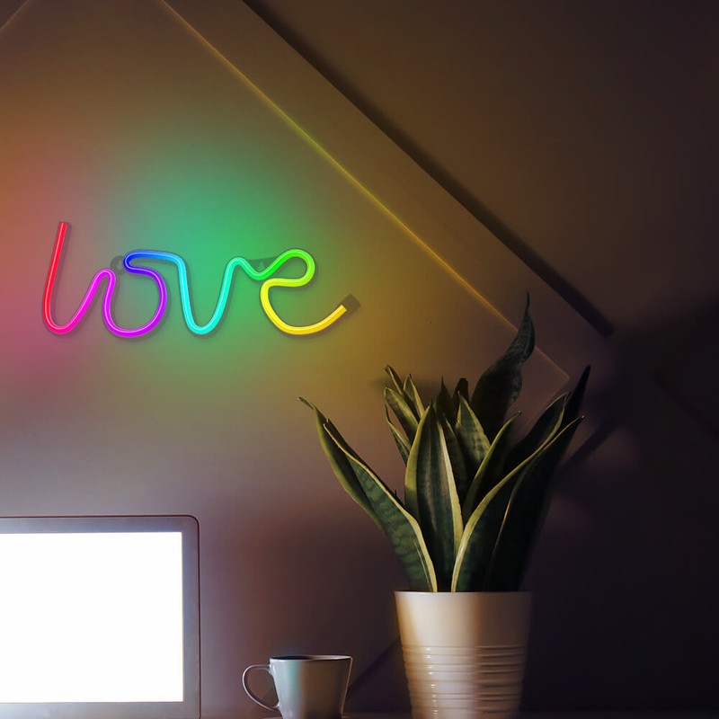 Neon LED RGB Forever Light, Love, dimensiuni 355 x 20 x 130mm, cu telecomanda, cablu USB cu lungime 2m
