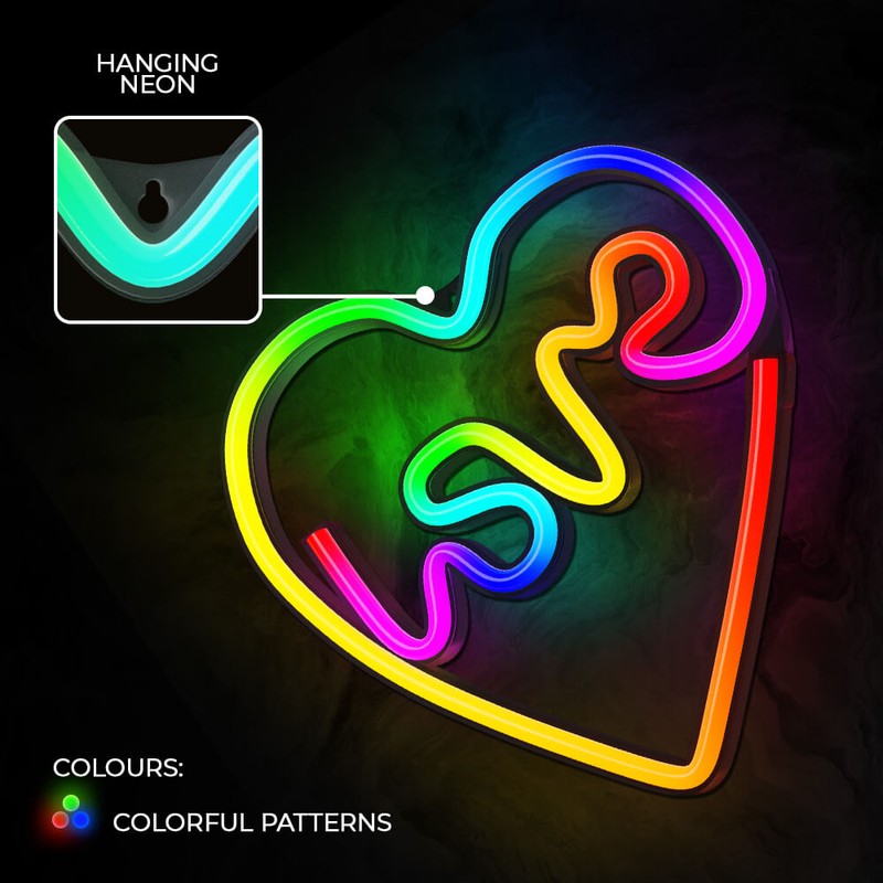 Neon LED RGB Forever Light, Love In Heart, dimensiuni 280 x 255 x 20mm, cu telecomanda, cablu USB cu lungime 2m