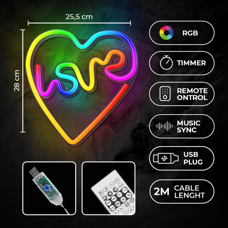 Neon LED RGB Forever Light, Love In Heart, dimensiuni 280 x 255 x 20mm, cu telecomanda, cablu USB cu lungime 2m