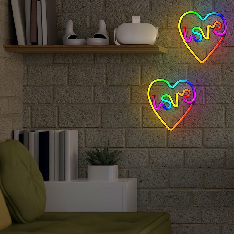 Neon LED RGB Forever Light, Love In Heart, dimensiuni 280 x 255 x 20mm, cu telecomanda, cablu USB cu lungime 2m