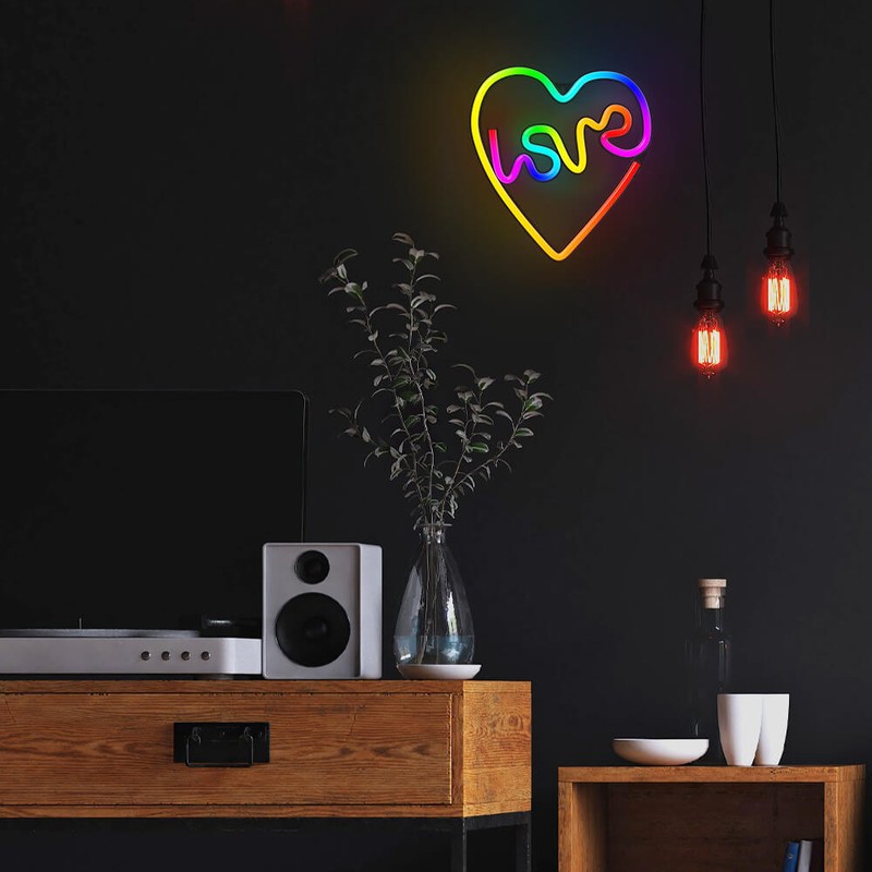 Neon LED RGB Forever Light, Love In Heart, dimensiuni 280 x 255 x 20mm, cu telecomanda, cablu USB cu lungime 2m
