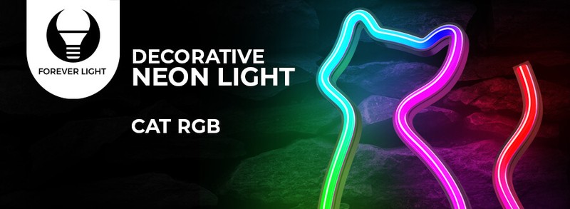 Neon LED RGB Forever Light, Cat, dimensiuni 170 x 20 x 235mm, cu telecomanda, cablu USB cu lungime 2m