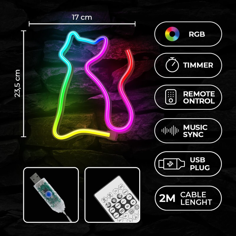 Neon LED RGB Forever Light, Cat, dimensiuni 170 x 20 x 235mm, cu telecomanda, cablu USB cu lungime 2m