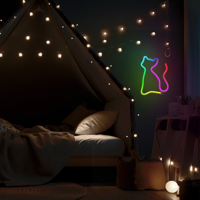 Neon LED RGB Forever Light, Cat, dimensiuni 170 x 20 x 235mm, cu telecomanda, cablu USB cu lungime 2m