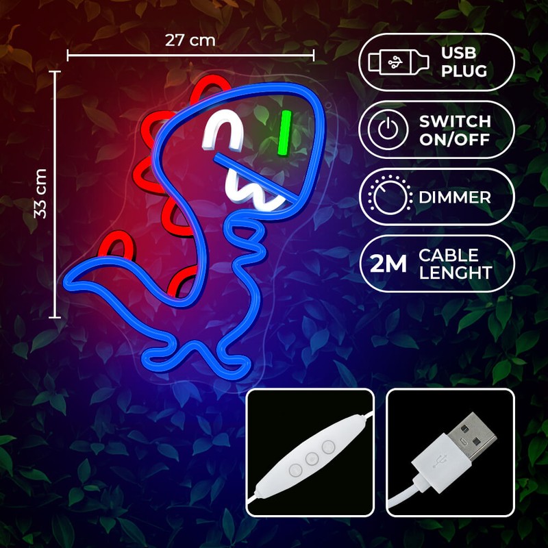 Neon LED pe plexiglas Forever Light, Jurassic Baby Dino, dimensiuni :255 x 16 x 330mm, cablu USB cu lungimea 2m, albastru