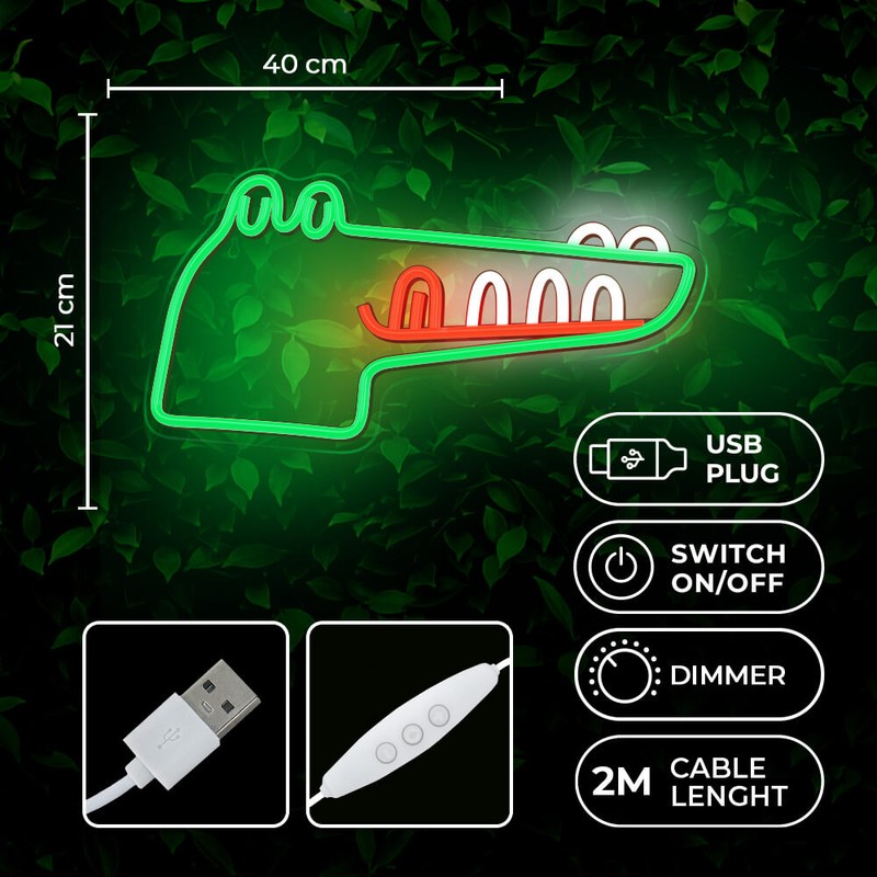 Neon LED pe plexiglas Forever Light, Jurassic Croc, dimensiuni 400 x 16 x 210mm, cablu USB cu lungimea 2m, verde