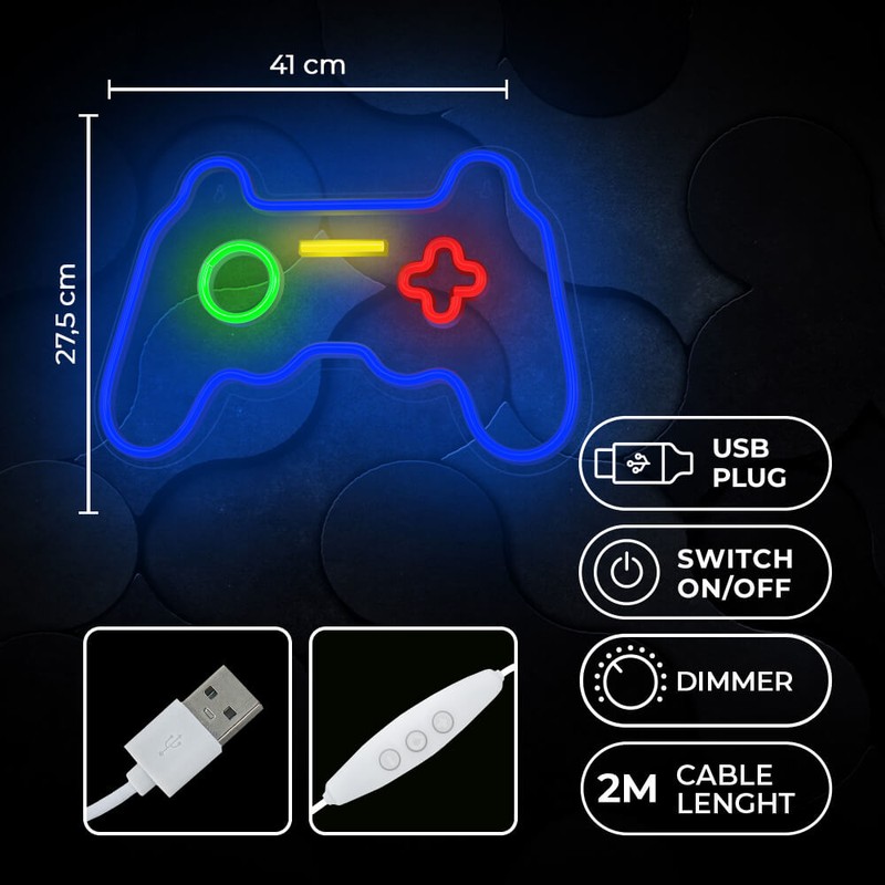 Neon LED pe plexiglas Forever Light, Gamepad, dimensiuni 410 x 16 x 275mm, cablu USB cu lungime 2m, multicolor