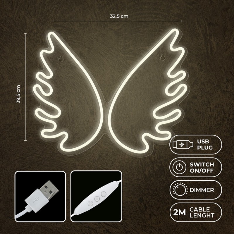 Neon LED pe plexiglas Forever Light, Wings, dimensiuni 395 x 16 x 325mm, cablu USB cu lungimea 2m, alb