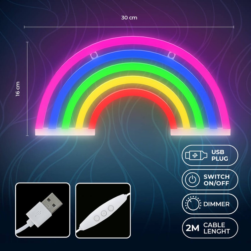 Neon LED Forever Light, Rainbow, dimensiuni 300 x 20 x 160mm, cablu USB cu lungime 2m, alimentare USB sau 3xAA, multicolor