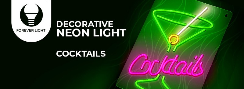 Neon LED pe plexiglas Forever Light, Cocktails, dimensiuni 420 x 300 x 20mm, roz verde, cablu USB cu lungime 2m