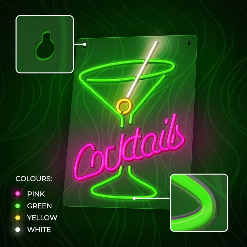Neon LED pe plexiglas Forever Light, Cocktails, dimensiuni 420 x 300 x 20mm, roz verde, cablu USB cu lungime 2m