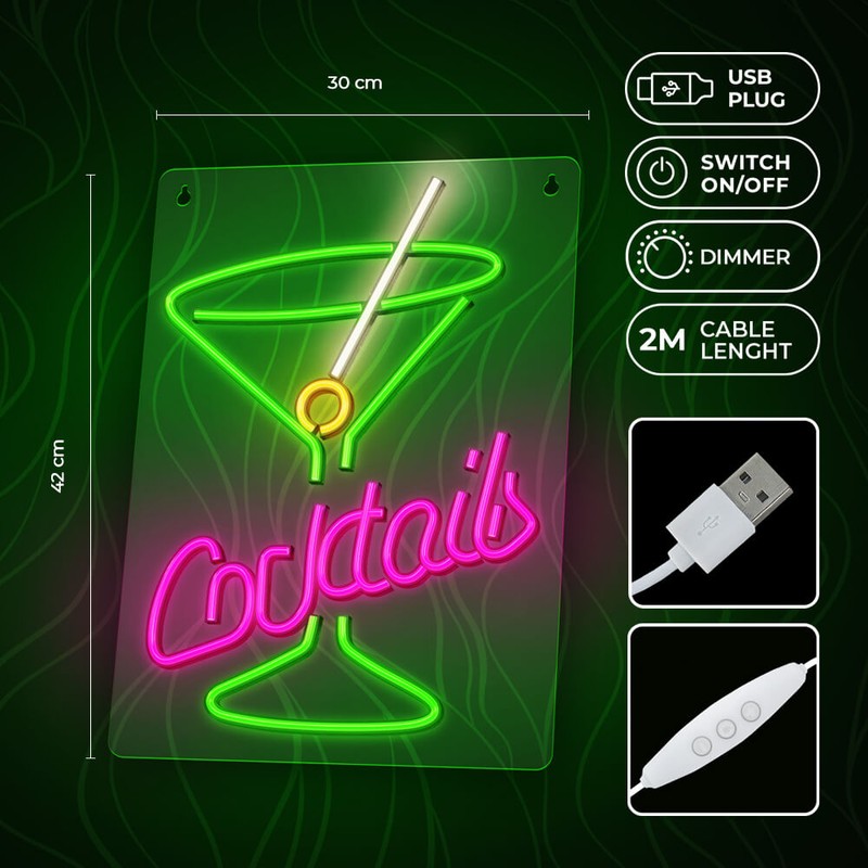 Neon LED pe plexiglas Forever Light, Cocktails, dimensiuni 420 x 300 x 20mm, roz verde, cablu USB cu lungime 2m