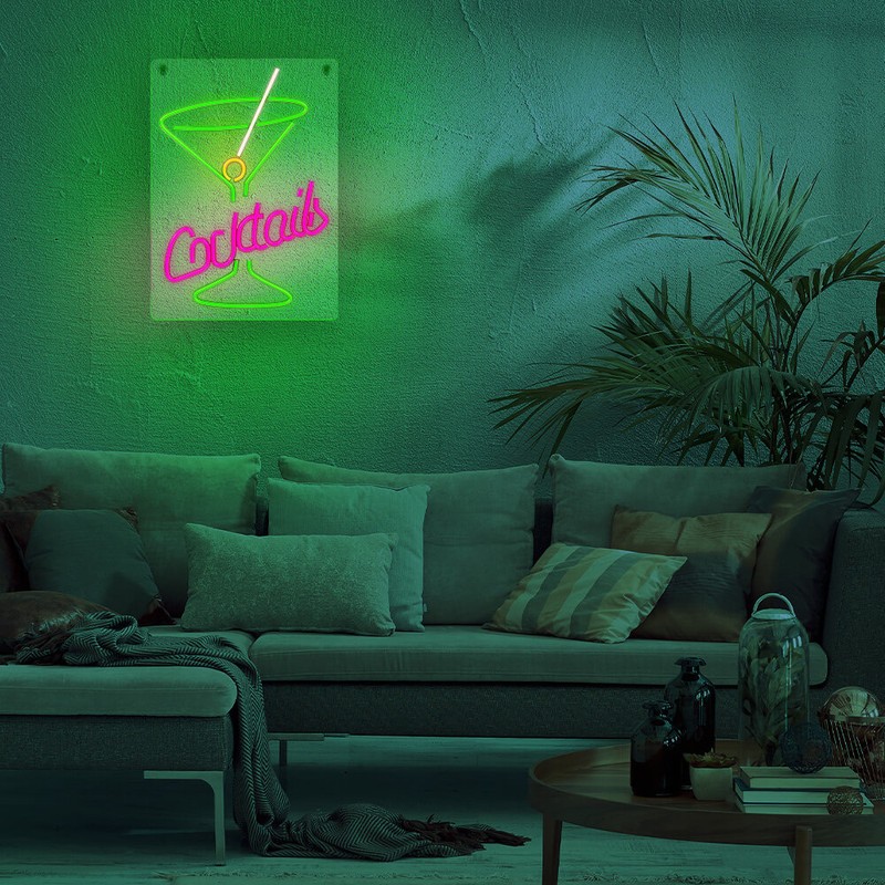 Neon LED pe plexiglas Forever Light, Cocktails, dimensiuni 420 x 300 x 20mm, roz verde, cablu USB cu lungime 2m