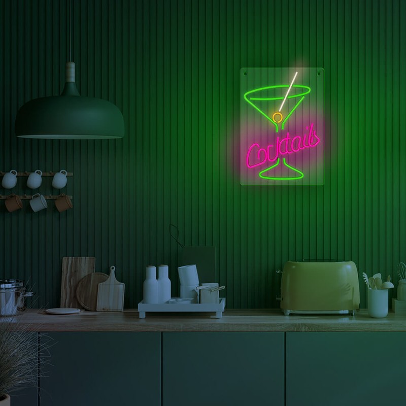 Neon LED pe plexiglas Forever Light, Cocktails, dimensiuni 420 x 300 x 20mm, roz verde, cablu USB cu lungime 2m
