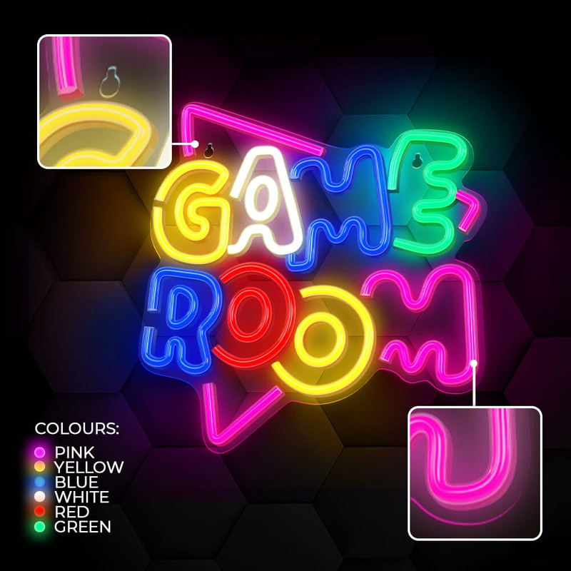 Neon LED pe plexiglas Neolia, Game Room, dimensiuni 325 x 20 x 345mm, cablu USB cu lungimea 2m, multicolor