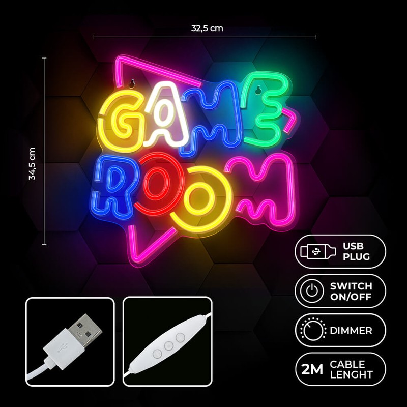 Neon LED pe plexiglas Neolia, Game Room, dimensiuni 325 x 20 x 345mm, cablu USB cu lungimea 2m, multicolor