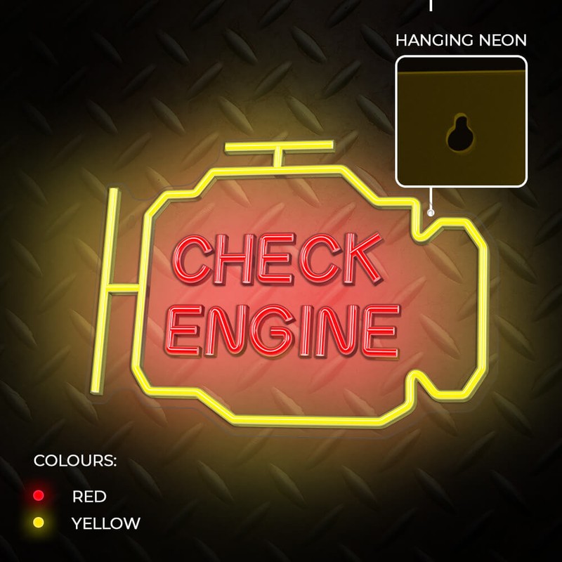Neon LED pe plexiglas Neolia, Check Engine, dimensiuni 400 x 20 x 300mm, galben rosu, cablu USB cu lungimea 2m