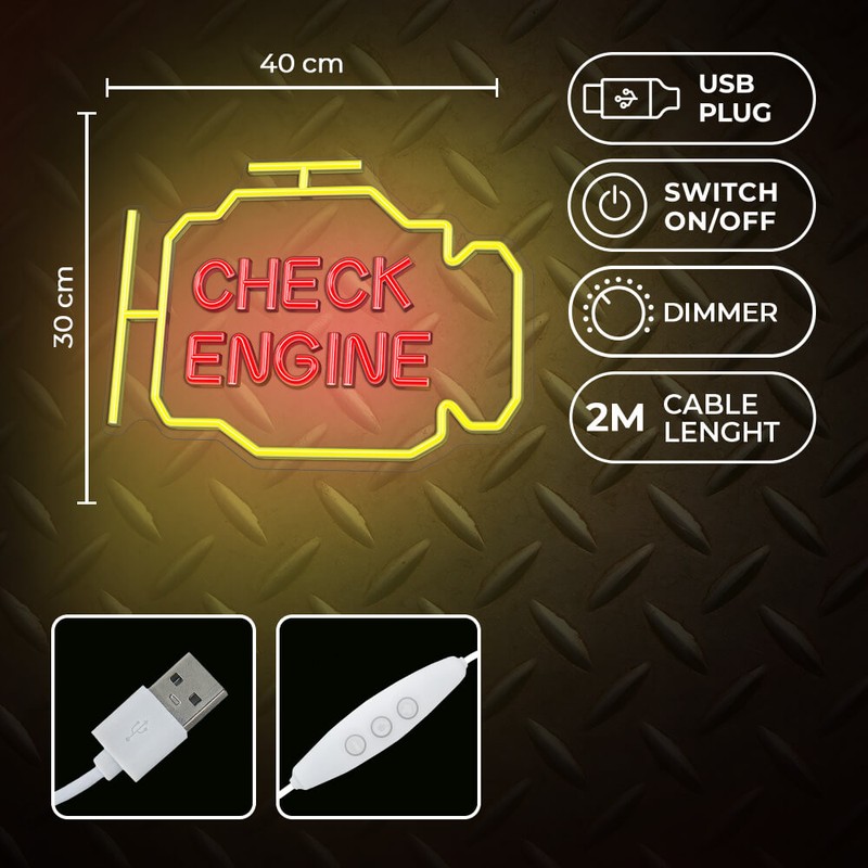 Neon LED pe plexiglas Neolia, Check Engine, dimensiuni 400 x 20 x 300mm, galben rosu, cablu USB cu lungimea 2m