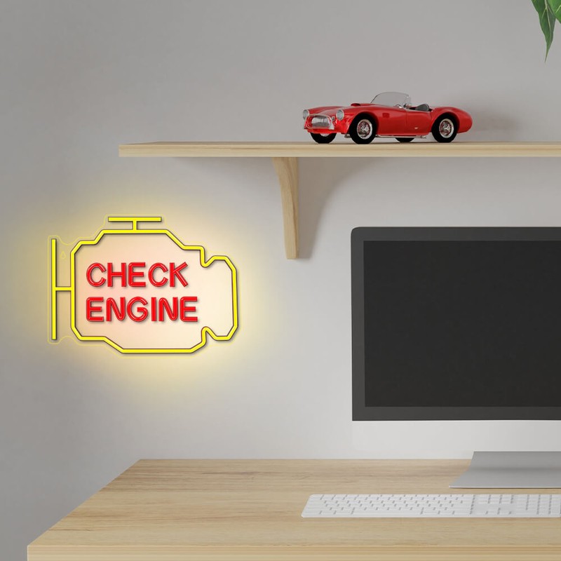 Neon LED pe plexiglas Neolia, Check Engine, dimensiuni 400 x 20 x 300mm, galben rosu, cablu USB cu lungimea 2m