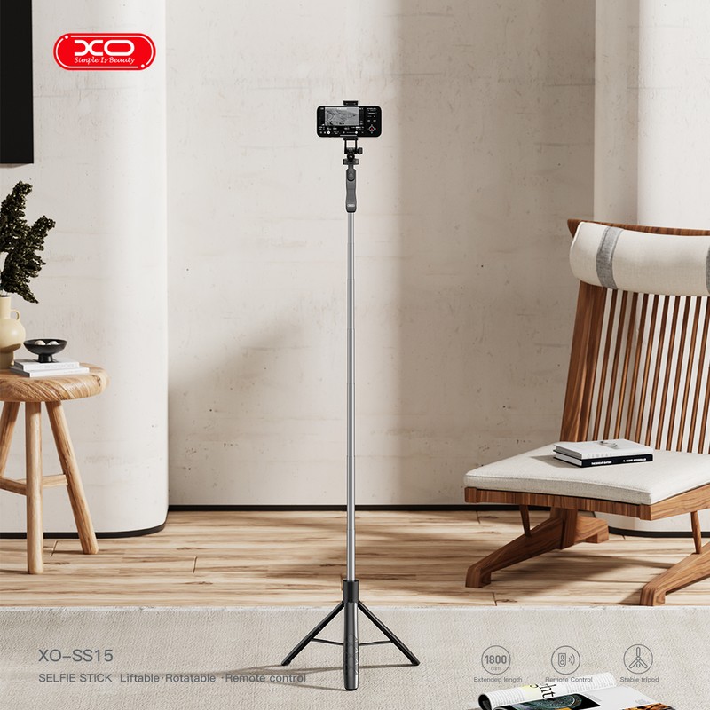 Selfie stick XO Bluetooth v.4.2 tripod SS15, tija 33.6 - 180 cm, rotire 360 °, telecomanda, pentru ecrane intre 4.2 si 6.7 inch, Negru