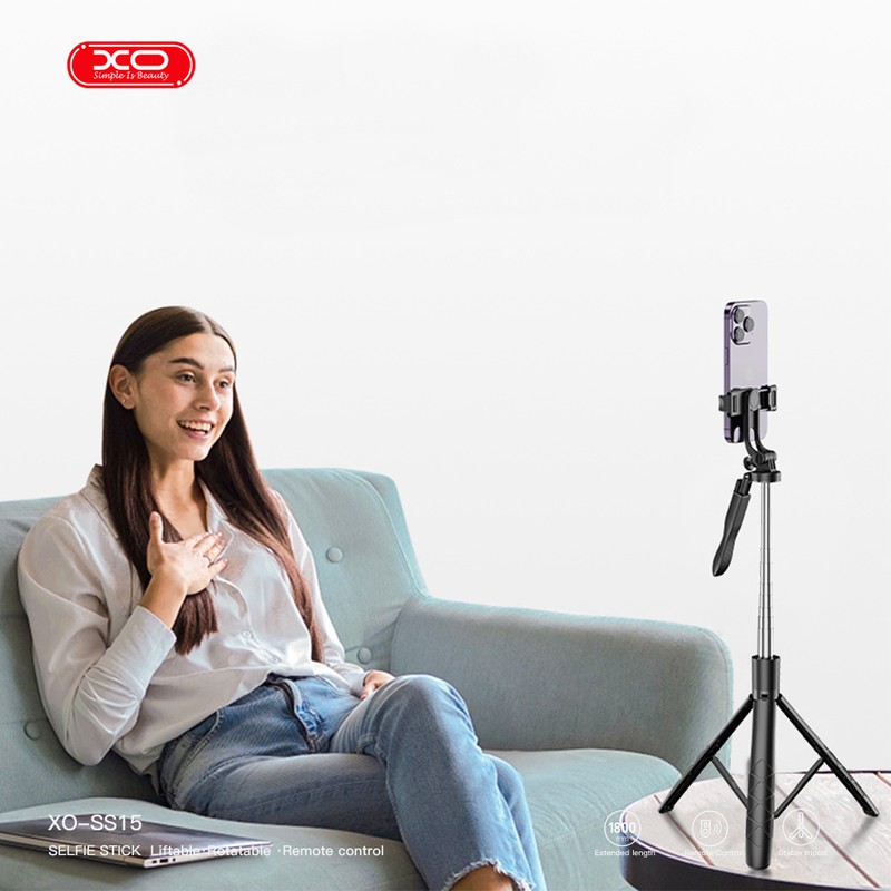 Selfie stick XO Bluetooth v.4.2 tripod SS15, tija 33.6 - 180 cm, rotire 360 °, telecomanda, pentru ecrane intre 4.2 si 6.7 inch, Negru
