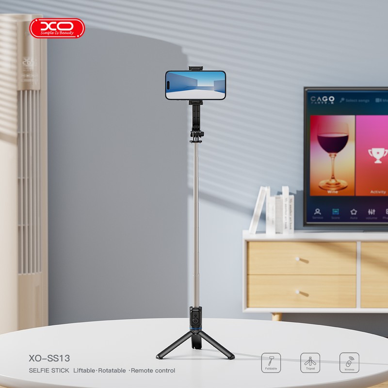 Selfie stick XO Bluetooth tripod SS13, tija 106 cm, rotire 360 °, telecomanda, Negru
