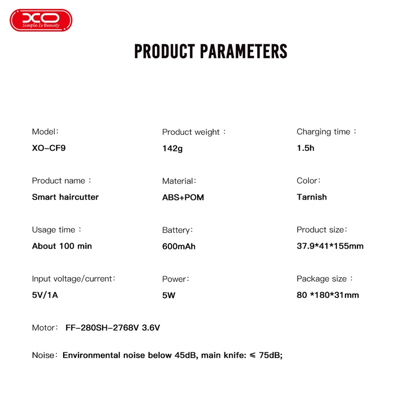 Masina de tuns fara fir XO CF9 Hair Clipper, 600 mAh, 5W, dimensiuni 155 x 41 x 38 mm, Gri