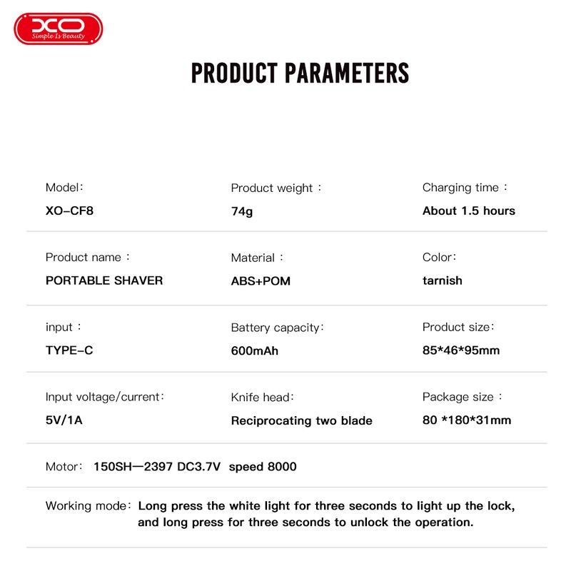 Aparat de ras fara fir XO CF8 Portable Shaver, 600 mAh, USB-C, dimensiuni 95 x 85 x 46mm, Gri