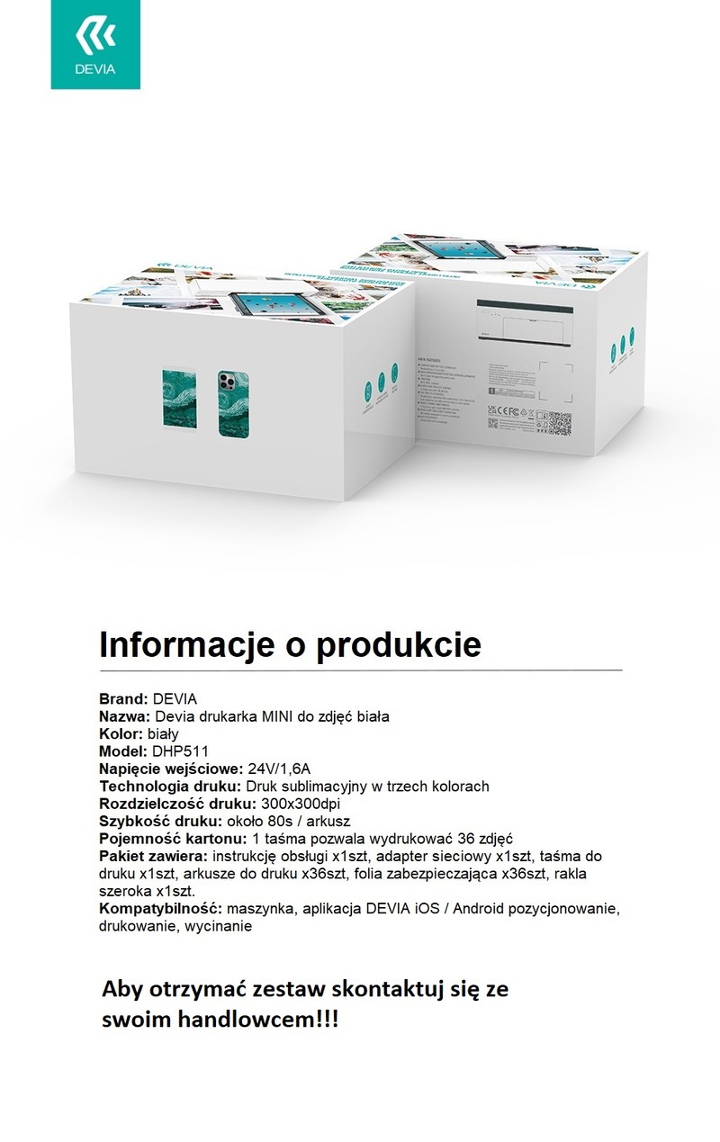 Imprimanta foto Devia DHP511 Mini, sublimare, 300x300 dpi, 36 de fotografii incluse, Alb