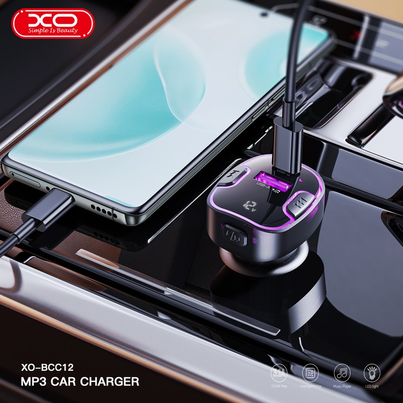 Transmitator FM XO BCC12 Bluetooth MP3 incarcator auto 3,1A, USB tip A, USB-C, 15 W, 3,10 A, Negru