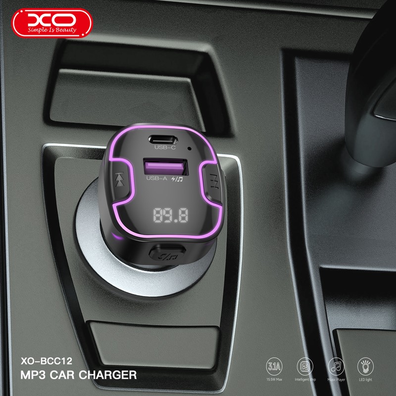 Transmitator FM XO BCC12 Bluetooth MP3 incarcator auto 3,1A, USB tip A, USB-C, 15 W, 3,10 A, Negru