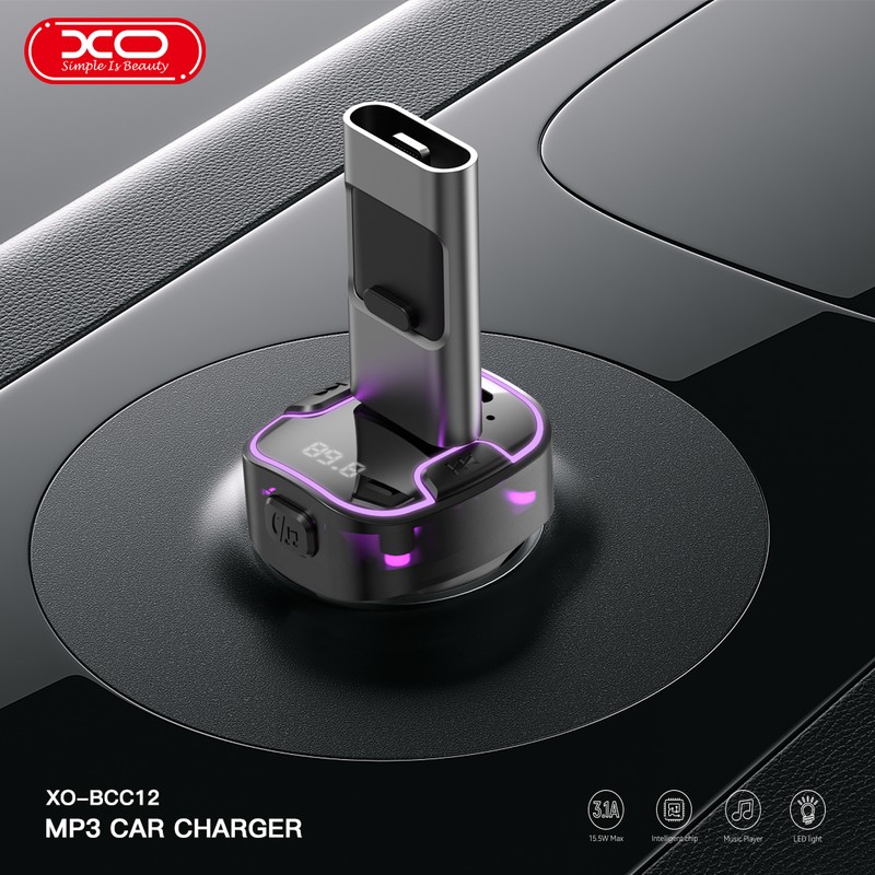 Transmitator FM XO BCC12 Bluetooth MP3 incarcator auto 3,1A, USB tip A, USB-C, 15 W, 3,10 A, Negru