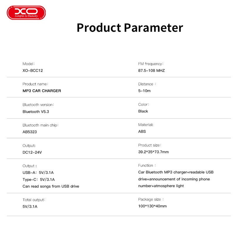Transmitator FM XO BCC12 Bluetooth MP3 incarcator auto 3,1A, USB tip A, USB-C, 15 W, 3,10 A, Negru