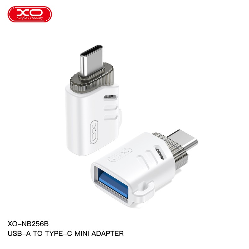Adaptor OTG XO NB256B, USB-C tata la USB 2.0 mama, cu orificiu de agatare, pentru date si incarcare, in cutie, alb