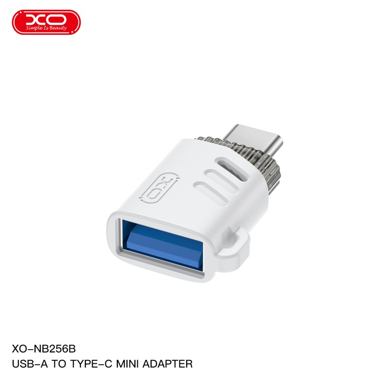 Adaptor OTG XO NB256B, USB-C tata la USB 2.0 mama, cu orificiu de agatare, pentru date si incarcare, in cutie, alb