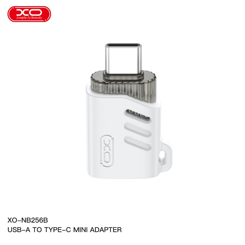 Adaptor OTG XO NB256B, USB-C tata la USB 2.0 mama, cu orificiu de agatare, pentru date si incarcare, in cutie, alb