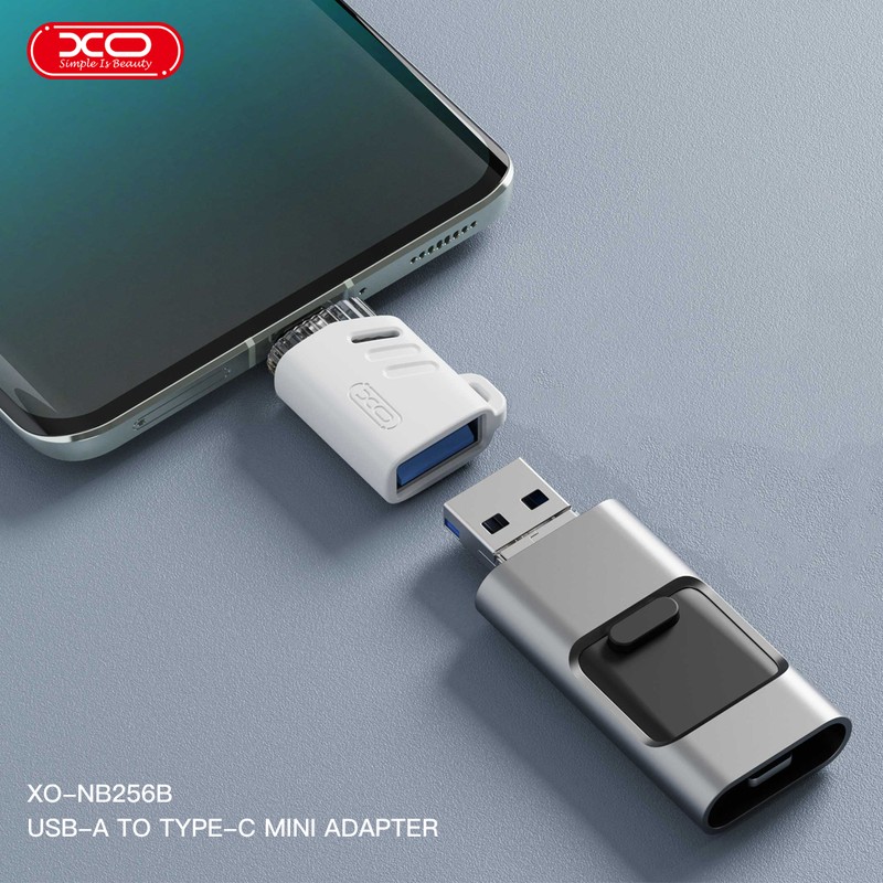 Adaptor OTG XO NB256B, USB-C tata la USB 2.0 mama, cu orificiu de agatare, pentru date si incarcare, in cutie, alb