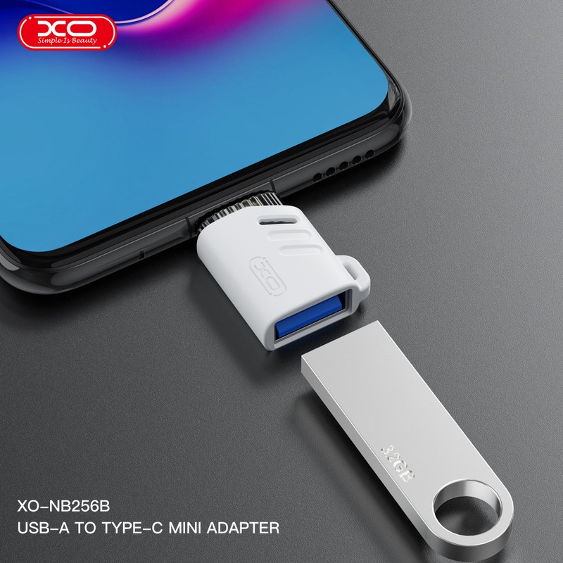 Adaptor OTG XO NB256B, USB-C tata la USB 2.0 mama, cu orificiu de agatare, pentru date si incarcare, in cutie, alb