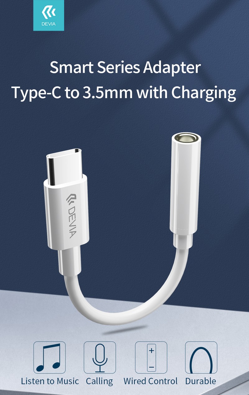 Adaptor Type-C AUX Devia EC608, USB-C tata la Jack 3.5 mm mama, cablu 0.1m, pentru functii audio si incarcare, alb