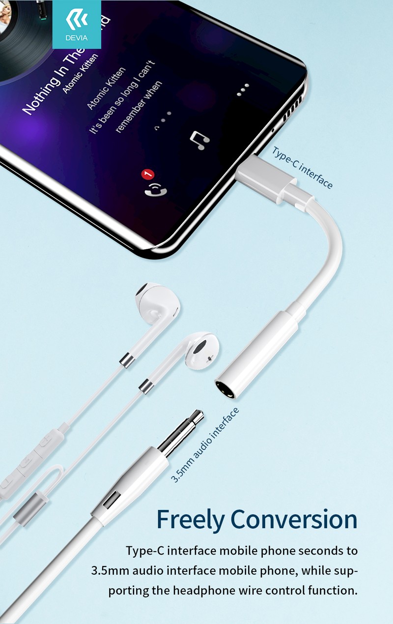 Adaptor Type-C AUX Devia EC608, USB-C tata la Jack 3.5 mm mama, cablu 0.1m, pentru functii audio si incarcare, alb