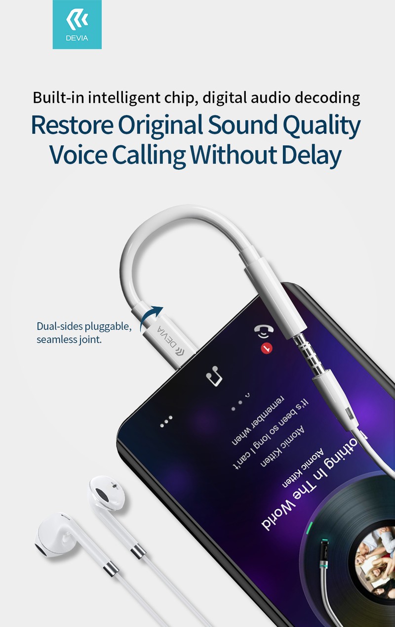 Adaptor Type-C AUX Devia EC608, USB-C tata la Jack 3.5 mm mama, cablu 0.1m, pentru functii audio si incarcare, alb