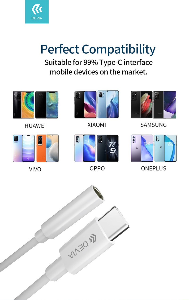 Adaptor Type-C AUX Devia EC608, USB-C tata la Jack 3.5 mm mama, cablu 0.1m, pentru functii audio si incarcare, alb
