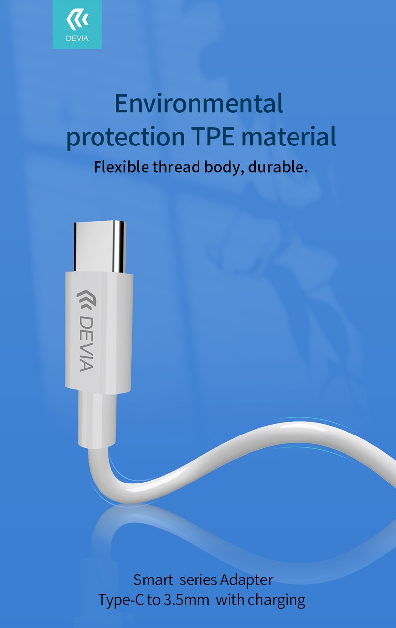 Adaptor Type-C AUX Devia EC608, USB-C tata la Jack 3.5 mm mama, cablu 0.1m, pentru functii audio si incarcare, alb